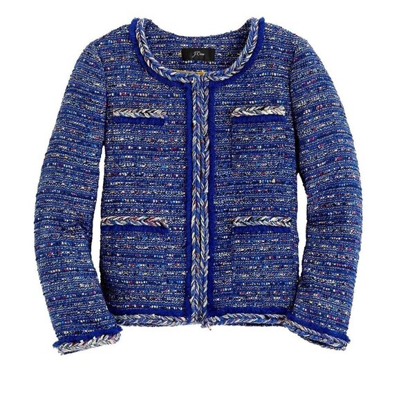 NWT J.Crew Lady Jacket in Cobalt Rainbow Tweed Braided Trim Fringe 2P $248